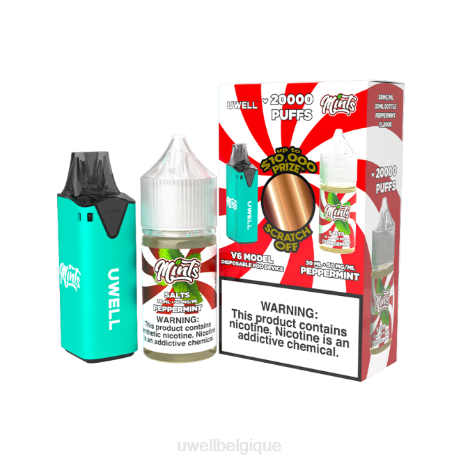 UWELL V6 appareil jetable + jus daddy's vapor 30ml - pack collab clr : cyan/flv : menthe poivrée 50 mg 2VTX211 | UWELL BELGIQUE