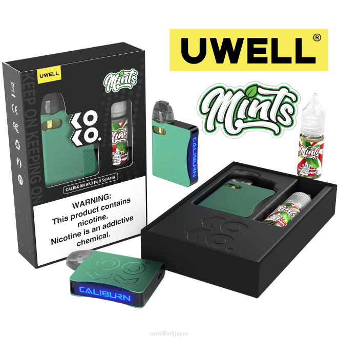 UWELL CALIBURN AK3 kit + pods a3s 0.8ohm (x2) + vapeur de papa 10ml sels 50mg crl : cyan/flv : menthe poivrée 50 mg 2VTX242 | UWELL BRUXELLES
