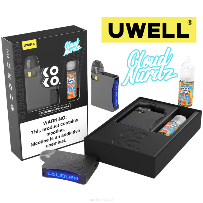 UWELL CALIBURN AK3 kit + pods a3s 0.8ohm (x2) + vapeur de papa 10ml sels 50mg crl : gris/flv : bleu framboise pêche 2VTX247 | UWELL E CIGARETTE