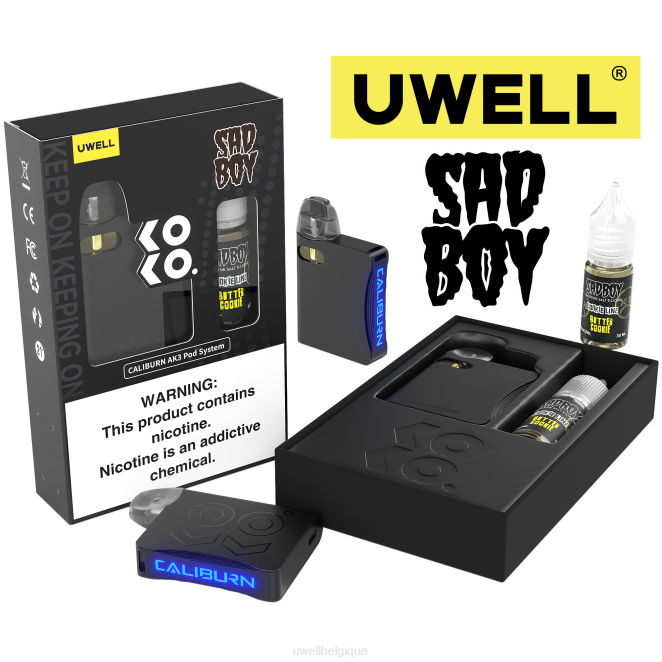 UWELL CALIBURN AK3 kit + pods a3s 0.8ohm (x2) + vapeur de papa 10ml sels 50mg crl : noir/flv : biscuit à la crème 50 mg 2VTX243 | UWELL VAPE JETABLE