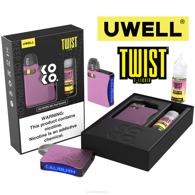 UWELL CALIBURN AK3 kit + pods a3s 0.8ohm (x2) + vapeur de papa 10ml sels 50mg crl : rose/flv : limonade rose punch 50mg 2VTX241 | UWELL BELGIQUE