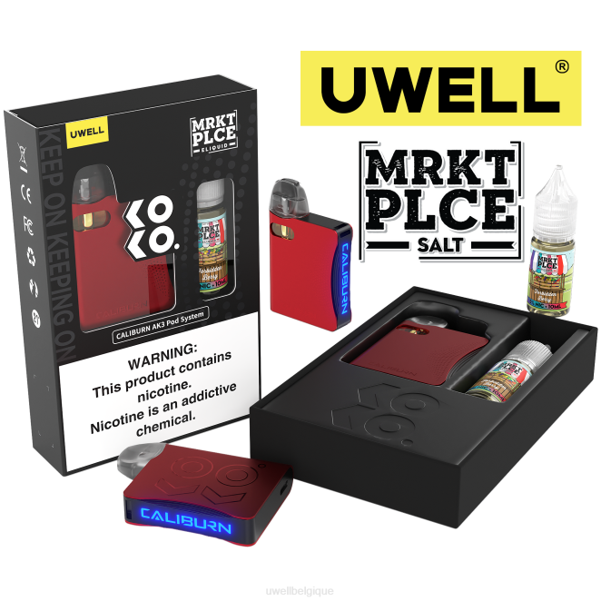 UWELL CALIBURN AK3 kit + pods a3s 0.8ohm (x2) + vapeur de papa 10ml sels 50mg crl : rouge/flv : baie interdite 50mg 2VTX244 | UWELL VAPE POD