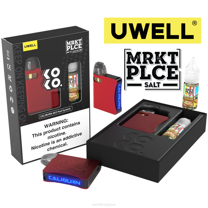 UWELL CALIBURN AK3 kit + pods a3s 0.8ohm (x2) + vapeur de papa 10ml sels 50mg crl : rouge/flv : poire fuji mangue 2VTX245 | UWELL VAPE SHOP